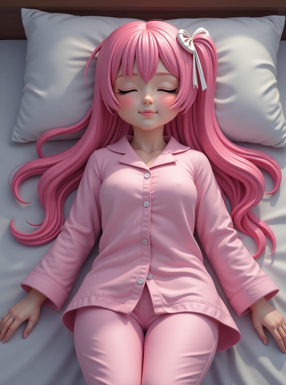  long pink hair, closed eyes, old, girl, pink pyjamas, laying on bed, sleeping, full body, ribbon , gigantic s, hypers, age, atb, full body, high quality, high details, hd, perfect composition, 4k epic detailed, highly detailed, sharp focus, high resolution