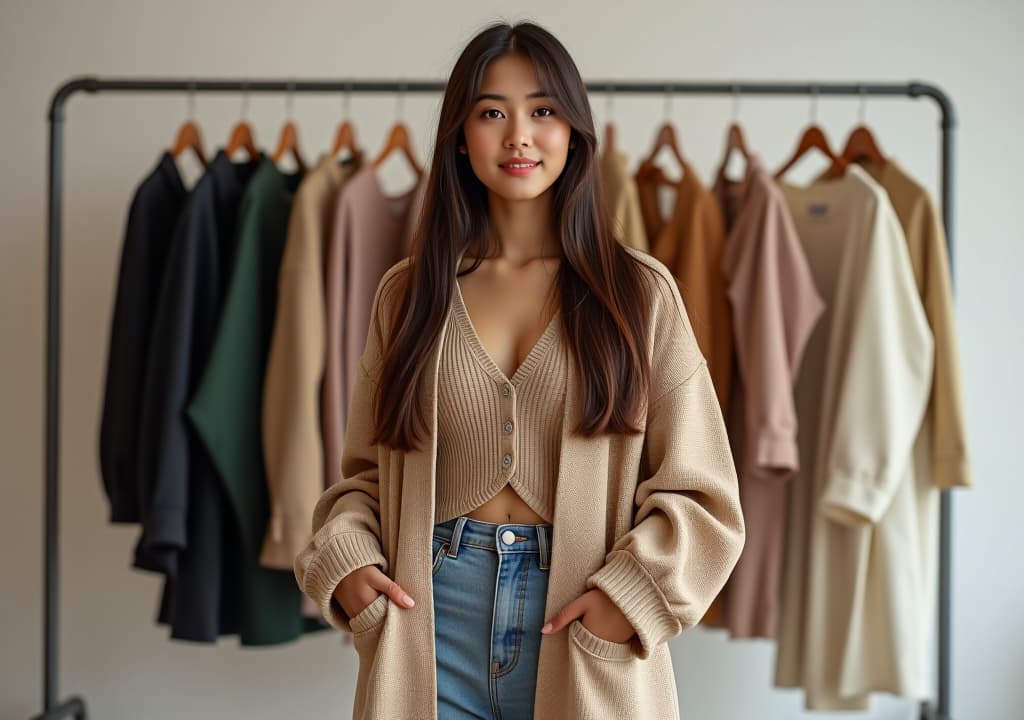  portrait of a young female asian fashionista trying on outfits and posing with them in a studio