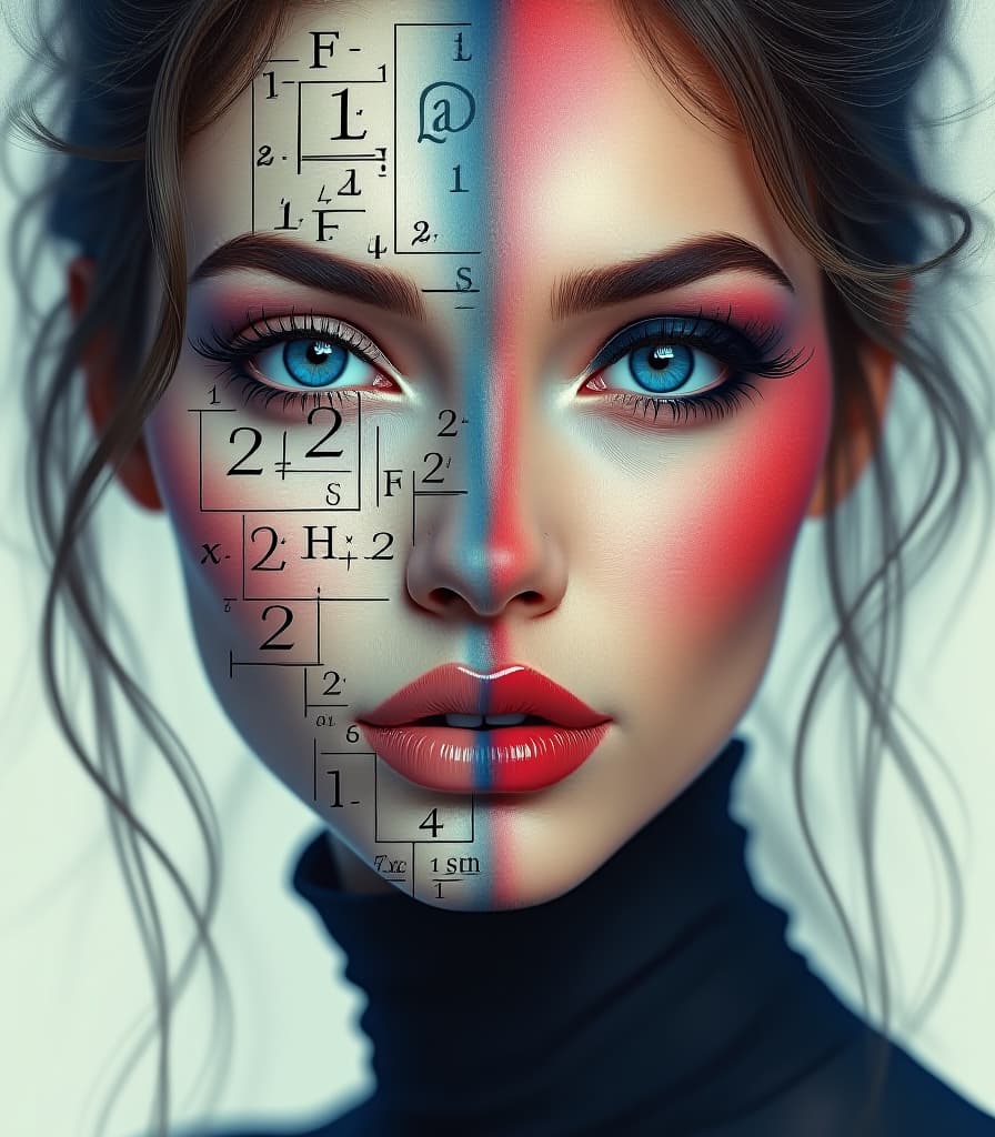  digital art, (diptych:1.4), portrait of abstract woman's face split on half, (left side of face covered math formulas:1.3), photo realistic, right (side of face glamor make up:1.2) watercolor wash manga anime, two parts in one art, surrealism style hyperrealistic, full body, detailed clothing, highly detailed, cinematic lighting, stunningly beautiful, intricate, sharp focus, f/1. 8, 85mm, (centered image composition), (professionally color graded), ((bright soft diffused light)), volumetric fog, trending on instagram, trending on tumblr, HDR 4K, 8K