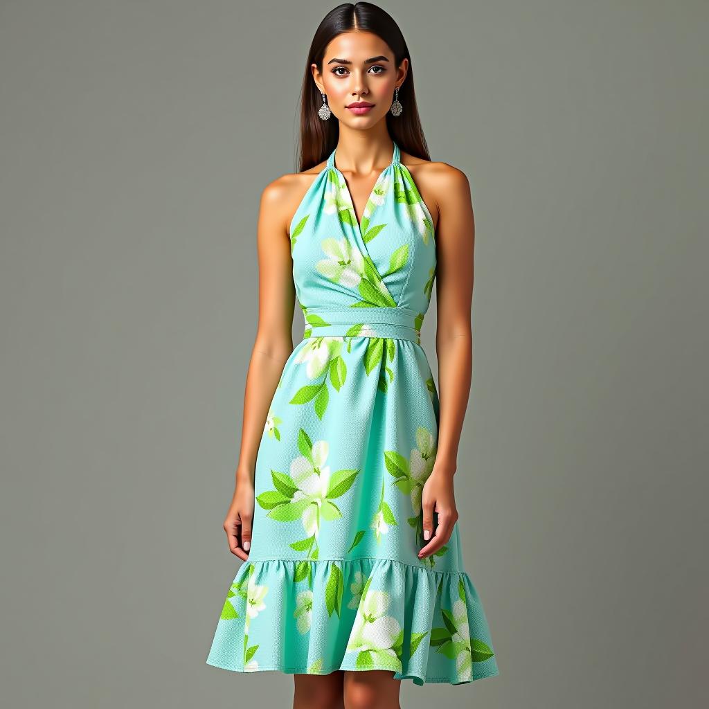  create a high resolution image of a full body woman standing in a confident, elegant pose, wearing a slim fit, sleeveless sundress. the dress should feature a printed fabric in vibrant colors: pure white (rgb(255,255,255)), light green (rgb(138,244,93)), and bright turquoise (rgb(5,226,255)). ensure the fabric is lightweight and smooth with a woven label for branding. the dress should be a formal modal material with a halter neck style and a ruffled hem, finishing as a mini length. the background should complement the dress, enhancing its formal elegance.