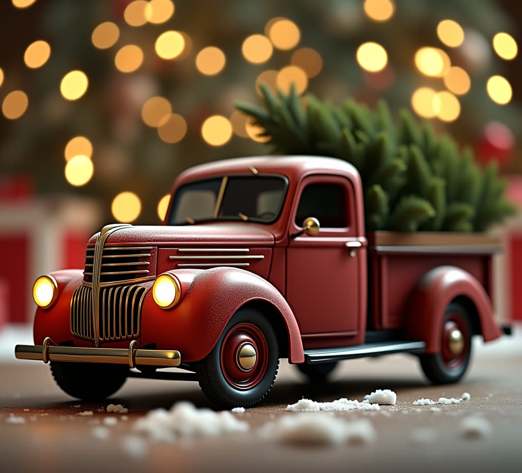  vintage christmas truck carrying a fir tree. festive background.