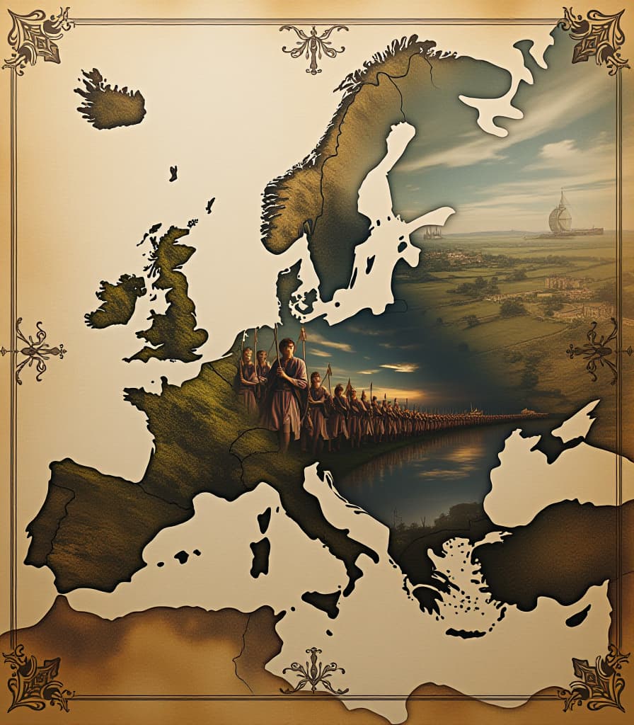  (masterpiece, 8k, uhd, photorealistic:1.3), ancient map of europe drawn on parchment, (grunge texture, worn edges:1.2), double exposure effect, ethereal army dissolving into the surface of the map, (mystical aura:1.2), multi layered image with soft blur, dissolving visual effects, intricate patterns swirling around, surreal atmosphere, (fantasy elements:1.3), dynamic composition, top view, mixing reality with imagination, rich textures and layers, mesmerizing artwork. hyperrealistic, full body, detailed clothing, highly detailed, cinematic lighting, stunningly beautiful, intricate, sharp focus, f/1. 8, 85mm, (centered image composition), (professionally color graded), ((bright soft diffused light)), volumetric fog, trending on instagram, trending on tumblr, HDR 4K, 8K