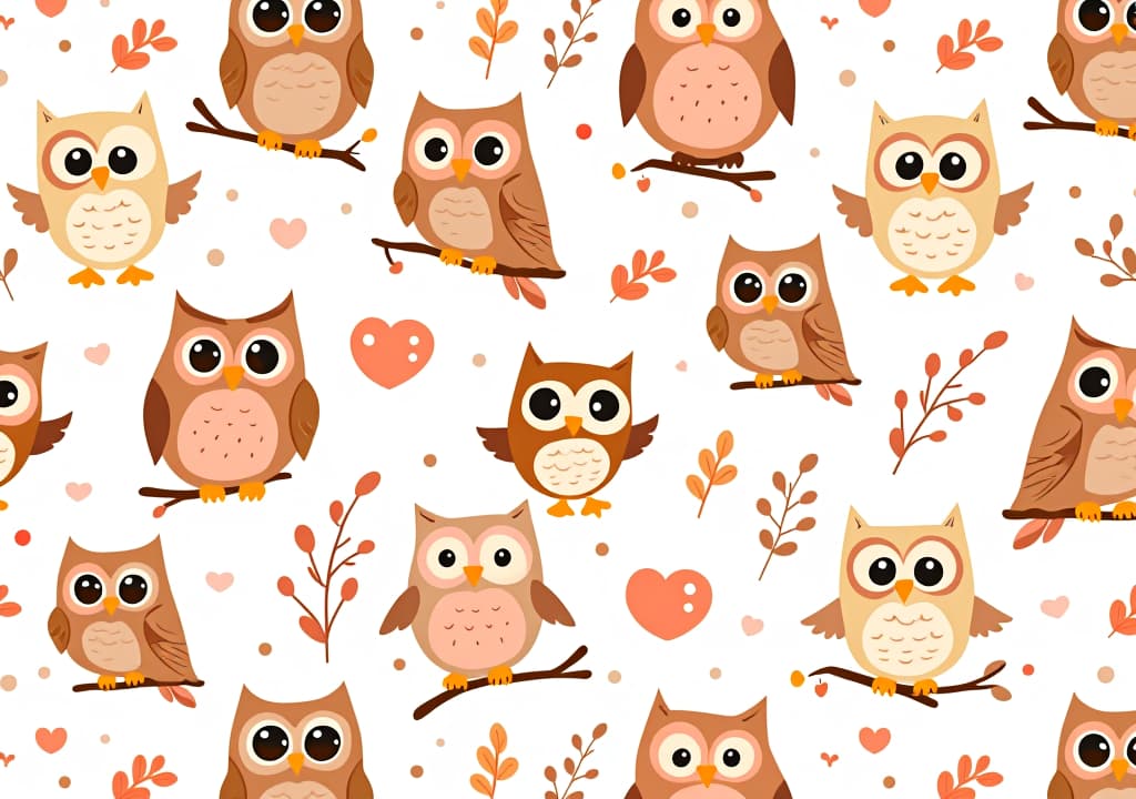  seamless pattern of cute, big eyed, kawaii owls on a white background.