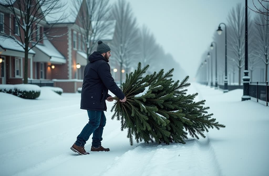  professional detailed photography, a man in winter clothes pulls a christmas tree through the snow , (muted colors, dim colors, soothing tones), (vsco:0.3)