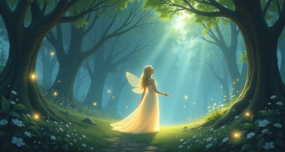  a luminous spirit standing in an enchanted forest, surrounded by ethereal beings, feeling the overwhelming sense of companionship. the environment is serene, filled with magical light.. the style is digital art illustration,highly detailed, whimsical,magical, dreamlike atmosphere, realism and fantasy blend, smooth, glossy textures,luminous quality, wonder and enchantment.