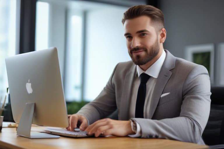Handsome happy businessman in modern office looking on laptop, realistic, professional shot, sharp focus, 8K, insanely detailed, intricate, elegant, intricate office background