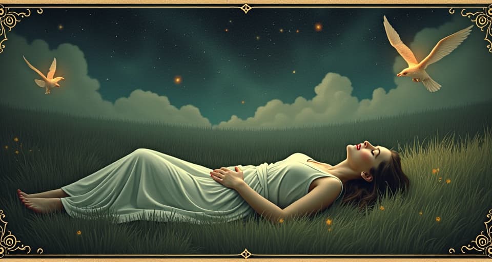  an ethereal figure laying in a tranquil meadow, dreamscape with vivid star filled sky, expression of revelation on their face, mystical creatures hovering, surreal, enlightening. an illustration in the style of a worn, mystical old tarot trump card, mysterious and elements of surrealism. the colors are muted, somber and eerie, but with contrast bring out an occult and esoteric vibe.