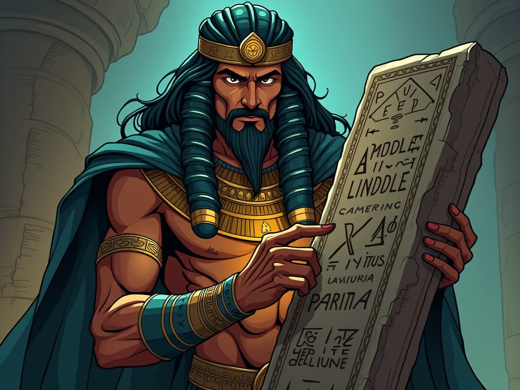  melampus, with a determined expression, solving a riddle inscribed on an ancient stone, symbolizing relentless pursuit of truth. the style is digital art illustration / modern comic book / mysterious occult, symbolic, esoteric vibe,high detail on character design, incorporating ancient egyptian symbology and attire.