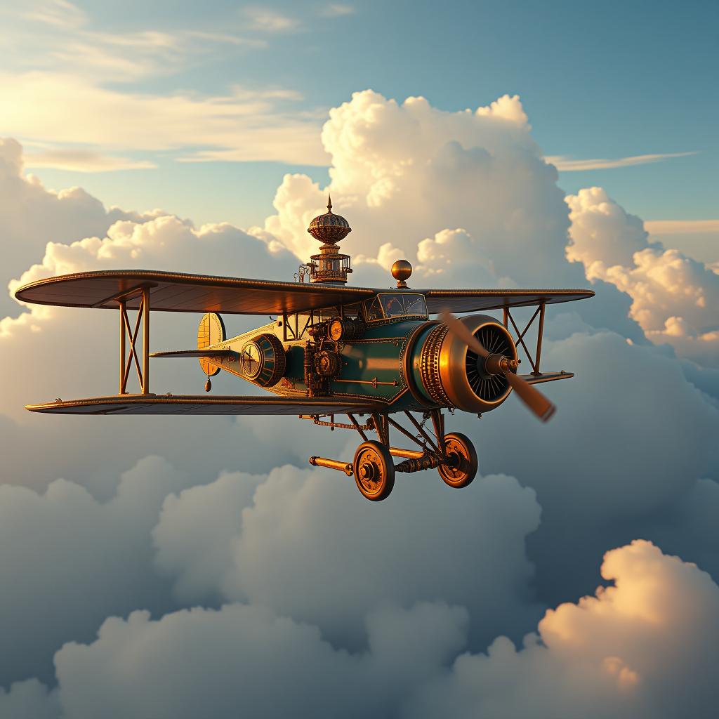  majestic steampunk flying machine soaring through clouds