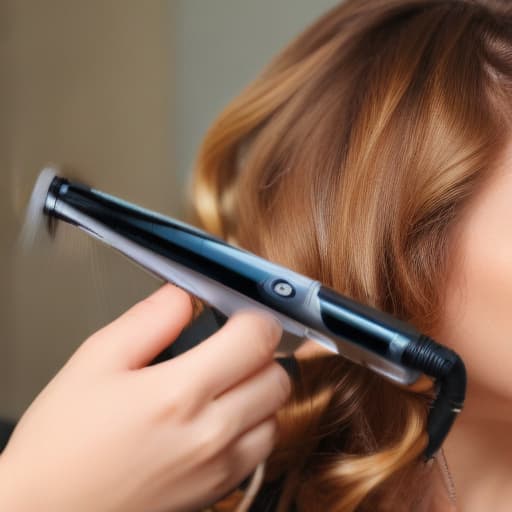 An image of a stylist hand-curling a lock of hair with a curling iron, in a lively salon, focus on the curling iron, detailed, realistic