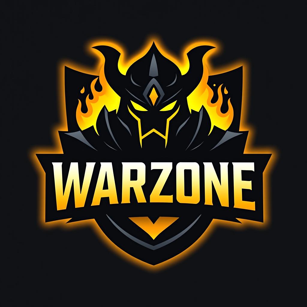  logo, esports logo, warrior theme, with text ‘warzone’, black and yellow color