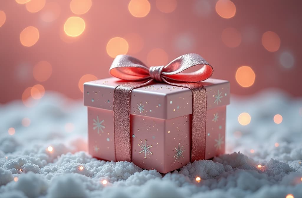  beautiful christmas box with bow, with glitter on sparkling bokeh background, soft pastel colors ar 3:2 {prompt}, maximum details