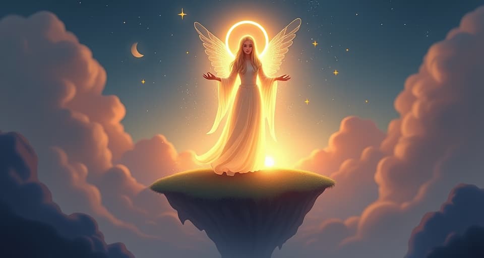  a celestial being with a halo of light, standing on an enchanted floating island. her entire being emits an undeniable, intense light.. the style is digital art illustration,highly detailed, whimsical,magical, dreamlike atmosphere, realism and fantasy blend, smooth, glossy textures,luminous quality, wonder and enchantment.