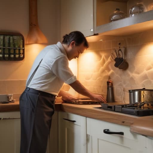 A photo of a skilled artisan meticulously connecting gas lines in a cozy kitchen during early evening with warm, soft ambient lighting.