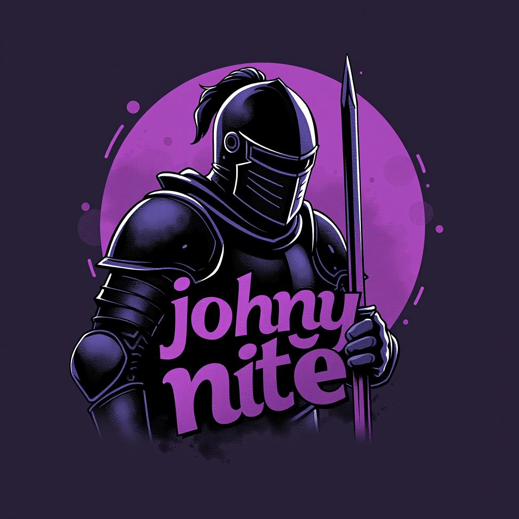  design a logo, in a watercolor style. knight graffiti purple and black, with the text 'johnny nite'.