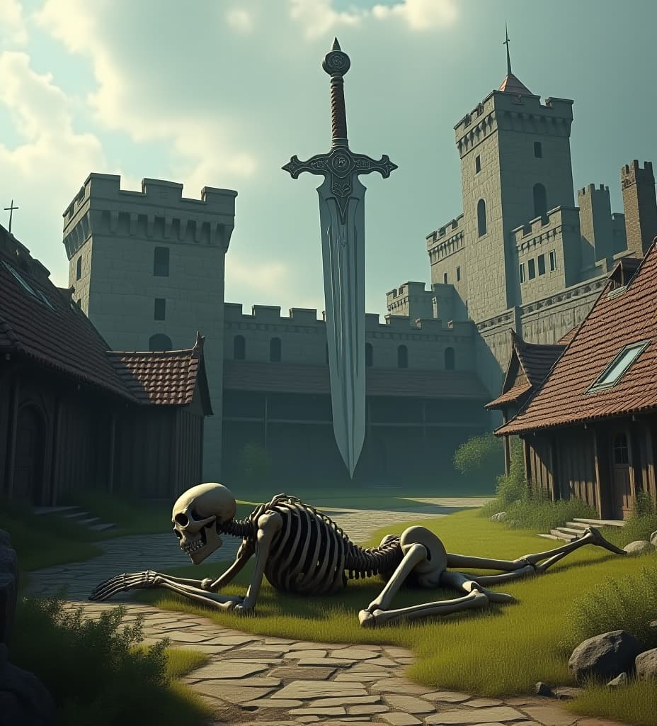  a medieval village that uses a giant laying down skeleton as part of its walls with a massive sword in the background