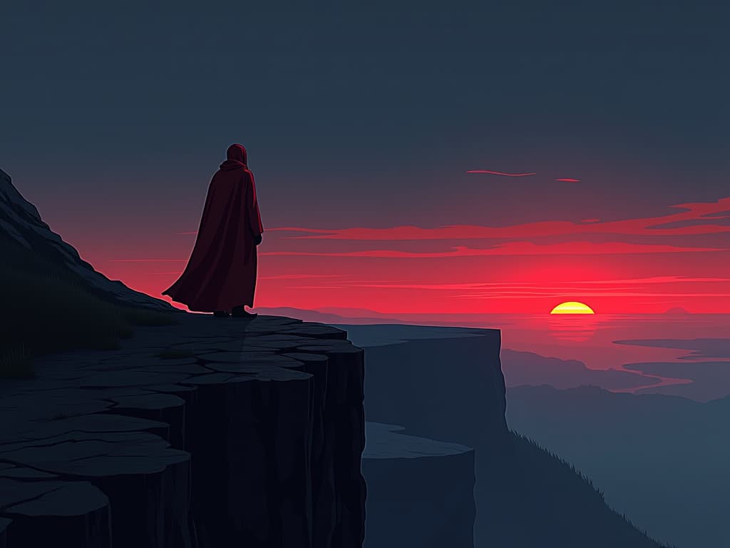  person in red robes, standing at the edge of a cliff, looking at a distant horizon, twilight, sense of contemplation and potential for redemption. the style is digital art illustration / modern comic book / graphic dark novel fantasy and mysterious occult, symbolic, moody lighting, esoteric vibe,high detail on character design. for the color scheme emphasize blacks and reds.