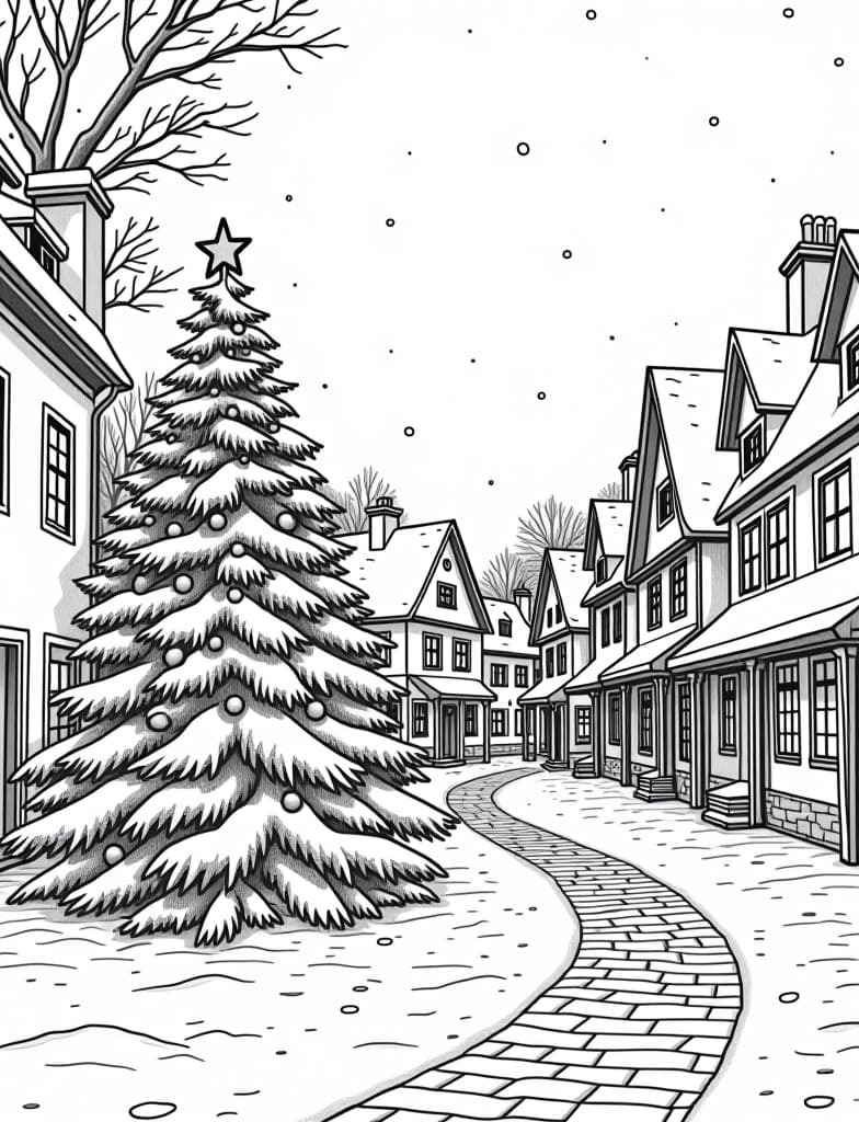  this is for an adult coloring page. a detailed black and white line art of a snowy snowy village square with a decorated christmas tree on a solid white background.