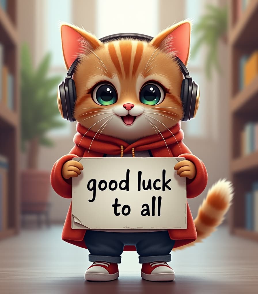  concept art cute, cheerful, smiling, charming chibi cat in headphones and fashionable modern clothes, holding the inscription poster "good luck to all" . digital artwork, illustrative, painterly, matte painting, highly detailed hyperrealistic, full body, detailed clothing, highly detailed, cinematic lighting, stunningly beautiful, intricate, sharp focus, f/1. 8, 85mm, (centered image composition), (professionally color graded), ((bright soft diffused light)), volumetric fog, trending on instagram, trending on tumblr, HDR 4K, 8K