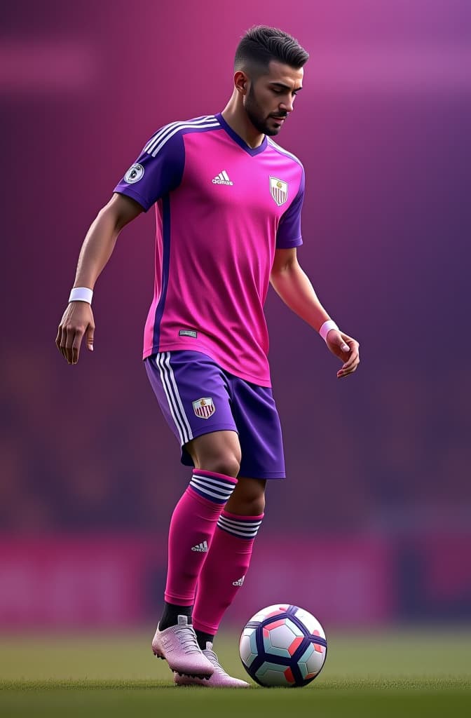  a soccer player sprite for a mobile game, he is in a gradient pink and purple uniform, he is standing in profile pose and juggling a ball, a realistic style, realistic, portrait, art by donato giancola and greg rutkowski, realistic face, digital art, trending on artstation hyperrealistic, full body, detailed clothing, highly detailed, cinematic lighting, stunningly beautiful, intricate, sharp focus, f/1. 8, 85mm, (centered image composition), (professionally color graded), ((bright soft diffused light)), volumetric fog, trending on instagram, trending on tumblr, HDR 4K, 8K