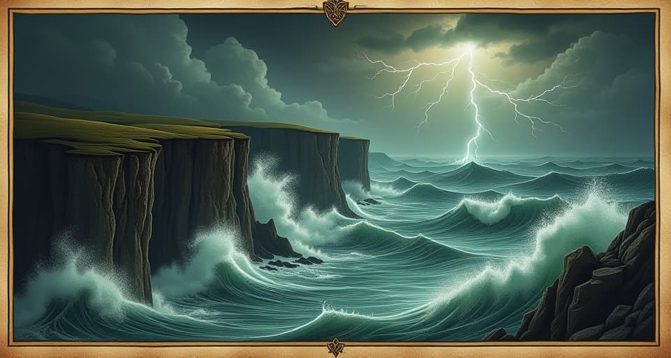  stormy ocean waves crashing against jagged cliffs, dark clouds churning, flashes of lightning, raw power, nature's fury. an illustration in the style of a worn, mystical old tarot trump card, mysterious and elements of surrealism. the colors are muted, somber and eerie, but with contrast bring out an occult and esoteric vibe.