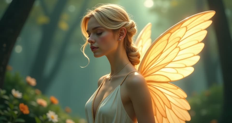  close up of an ethereal angel with delicate, glowing wings, standing in an enchanted forest. her expression is serene, her attire radiant, creating a peaceful, nonchalant atmosphere.. the style is digital art illustration,highly detailed, whimsical,magical, dreamlike atmosphere, realism and fantasy blend, smooth, glossy textures,luminous quality, wonder and enchantment.