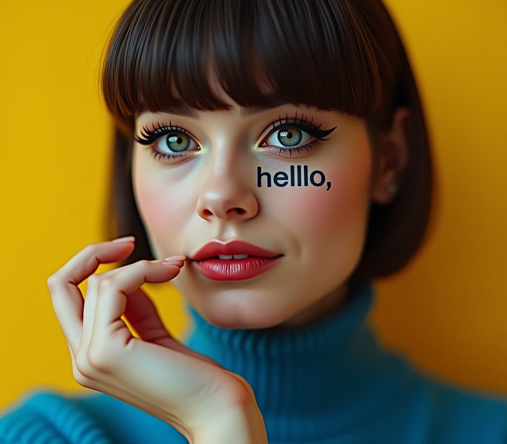  close up of woman with bangs, bold eyeliner and blue turtleneck sweater against an yellow background, 1960s editorial. on her palm there are words "hello, flip" hyperrealistic, full body, detailed clothing, highly detailed, cinematic lighting, stunningly beautiful, intricate, sharp focus, f/1. 8, 85mm, (centered image composition), (professionally color graded), ((bright soft diffused light)), volumetric fog, trending on instagram, trending on tumblr, HDR 4K, 8K