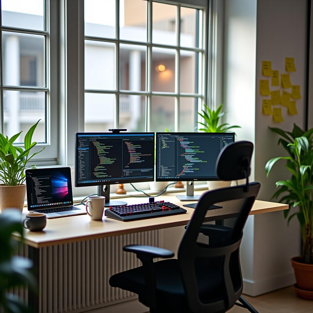  8k, a modern web developer workstation in a well lit room with large windows. the desk is organized with dual monitors displaying code and design software, a mechanical keyboard, ergonomic chair, and various tech gadgets like a tablet and smartphone. there are sticky notes on the wall, potted plants, and a coffee mug beside the keyboard. the overall atmosphere should be clean, professional, and inspiring.,