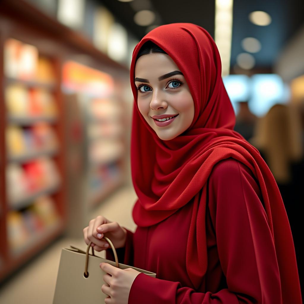  a muslim woman in red with blue eyes shopping.