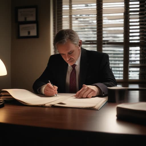 A photo of a car accident attorney studying case files in a dimly lit office during late evening with dramatic spotlighting casting shadows on the desk and creating a sense of mystery and intensity.