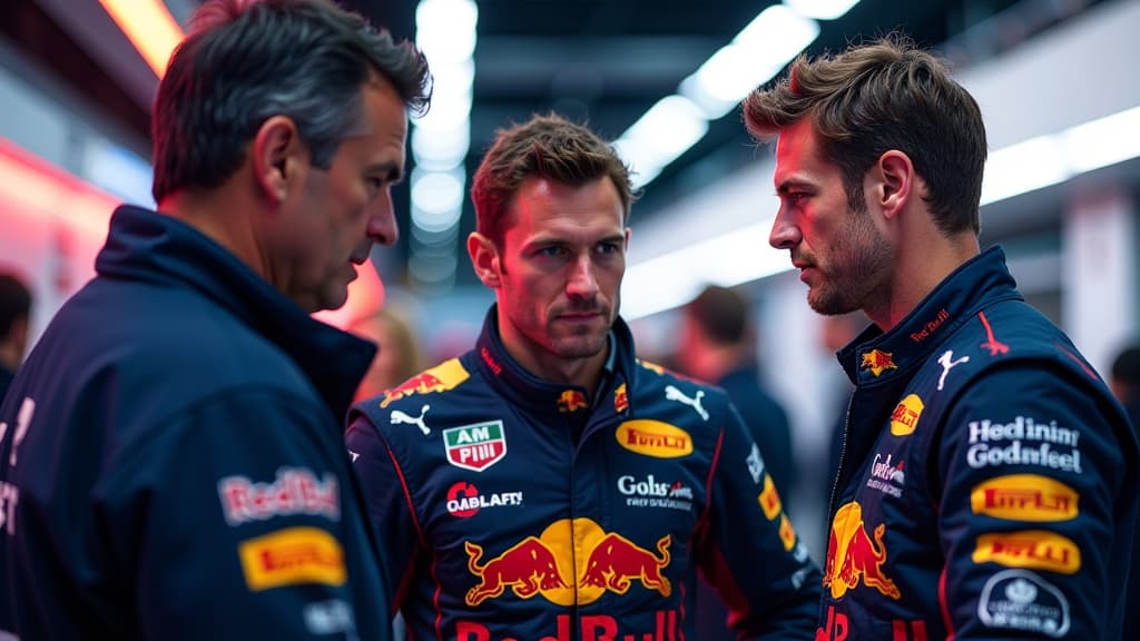  generate an image capturing the intense emotions and strategic decisions surrounding daniel ricciardo's departure from red bull racing. show a dramatic scene at the singapore race paddock with christian horner, liam lawson, and a disappointed ricciardo. include red bull logos prominently. highlight the tension with dark shadows, intense expressions, and vibrant colors. incorporate elements like a racing helmet, team uniforms, and a meeting room setting to symbolize the strategic discussions. emp