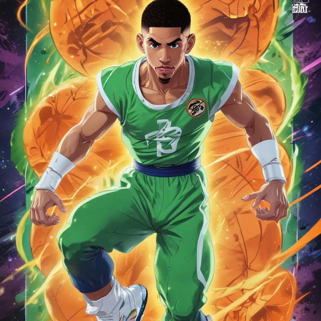 distance-shot, flashy, full-body, dynamic, holographic, animated cartoon poster of jayson tatum in the style of dragon ball super