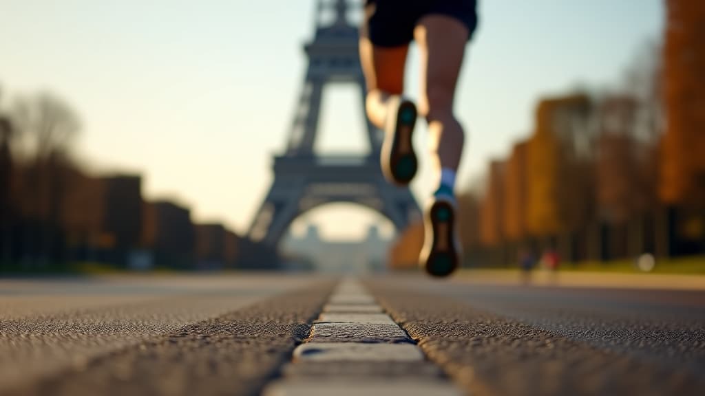  close up of a runners feet as they race towards the eiffel tower in paris.