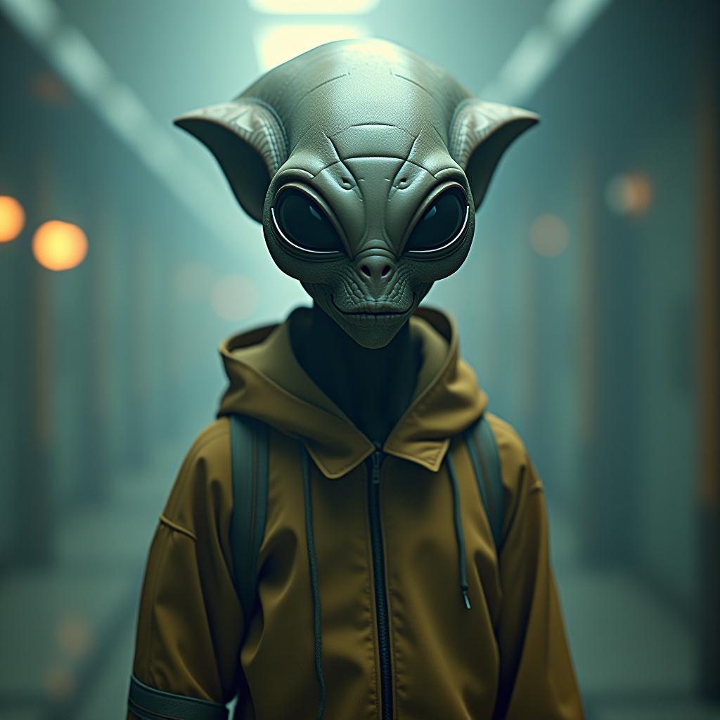  creepy alien from area51 hyperrealistic, full body, detailed clothing, highly detailed, cinematic lighting, stunningly beautiful, intricate, sharp focus, f/1. 8, 85mm, (centered image composition), (professionally color graded), ((bright soft diffused light)), volumetric fog, trending on instagram, trending on tumblr, HDR 4K, 8K