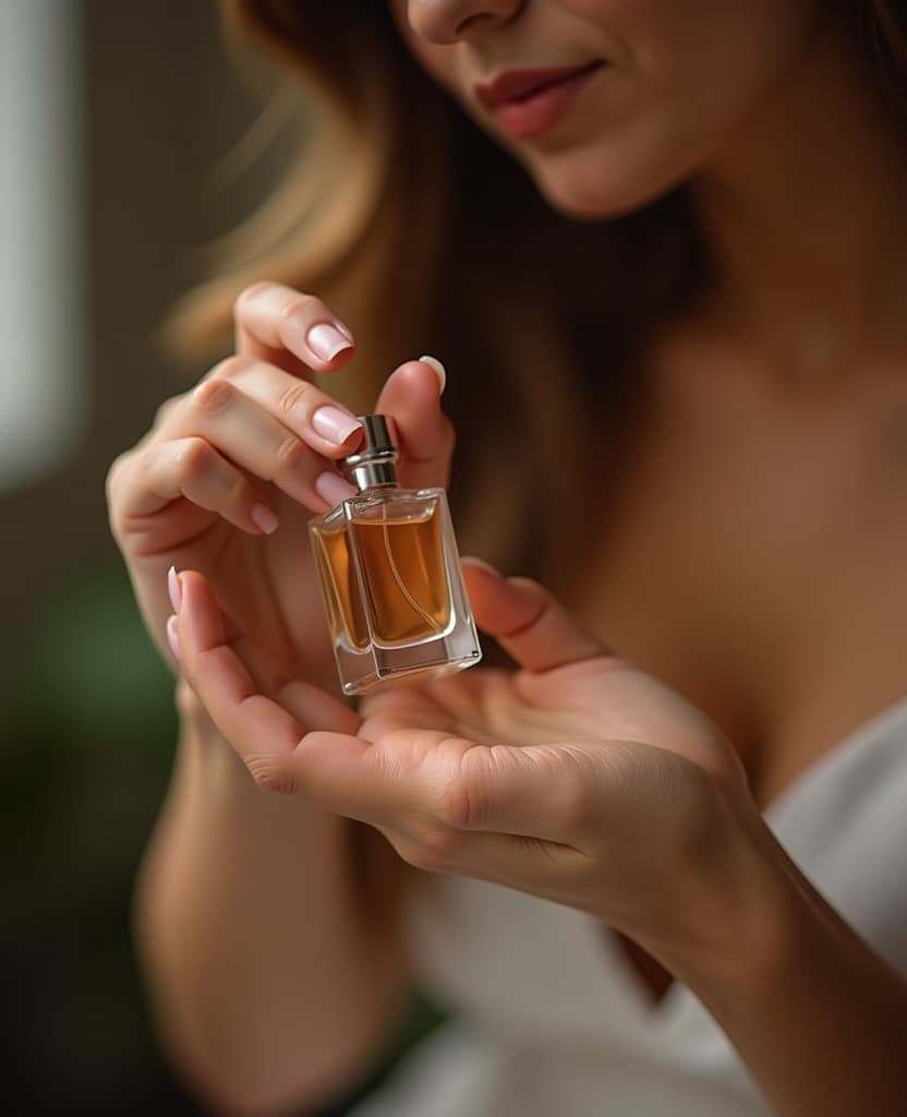  hdr photo of a woman applies a small amount of perfume to her wrist, hands, a small bottle, application, close up . high dynamic range, vivid, rich details, clear shadows and highlights, realistic, intense, enhanced contrast, highly detailed