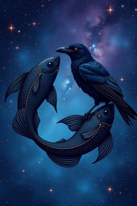  a detailed illustration of the constellation pisces, artistically intertwined with an elegant black crow. the night sky is filled with twinkling stars, with the two fish of the pisces constellation depicted in a celestial dance. the crow is perched gracefully on one of the fish, its feathers glistening under the starlight. the background features a deep blue and purple galaxy, with swirling nebulas and distant star clusters enhancing the mystical atmosphere. the overall feel is enchanting and serene, capturing the harmony between the celestial and earthly realms.