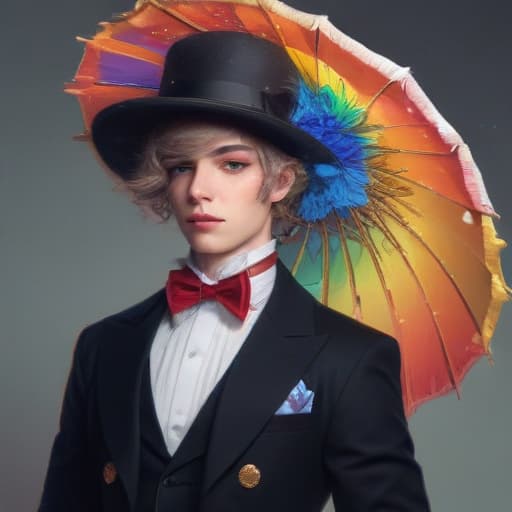 Rainbow twink man in lady wig makeup Cupid’s bow lipstick cowboy top hat and headdress tuxedo with spur whore Elizabethan collar wand parasol peacock dress, anime, concept art, digital painting, manga, artstation, dynamic lighting, big strokes, high quality