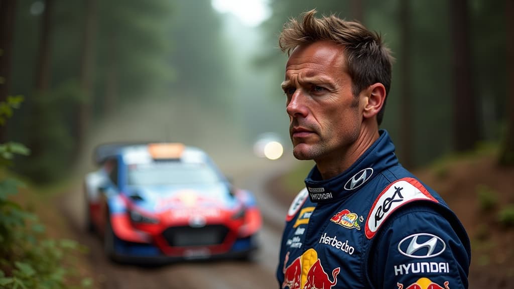  generate an image depicting thierry neuville in a dramatic rally setting, surrounded by lush forests and vibrant rally cars. capture the intensity of his emotions as he contemplates his future with hyundai post 2025. incorporate the hyundai logo prominently on his racing suit and on the rally cars in the background. show a mix of determination and uncertainty on neuville's face, symbolizing the complex decision ahead. use dynamic lighting to highlight his features and the colorful rally environm