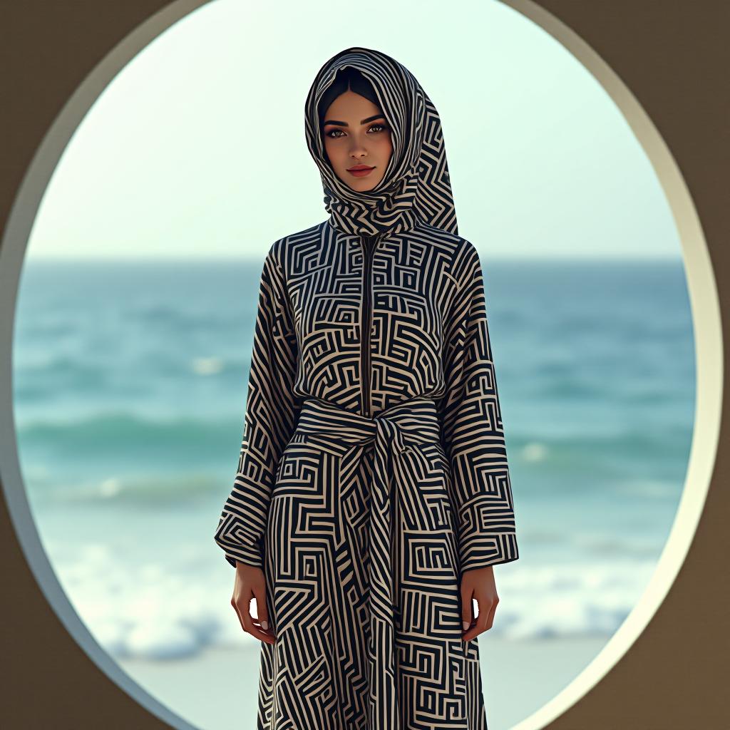  "create an elegant, modest swimwear design for a middle eastern woman. the model should be 170 cm tall and weigh around 60 kg. the swimwear consists of a long sleeve top with a high neck and front zipper closure. the fabric is a polyester blend, ideal for swimwear, featuring a geometric black and white abstract pattern. the design includes a matching sarong style skirt, with the same geometric pattern draping over the waist and down to the ankles. the overall look should be chic and suitable for beachwear, with a sophisticated balance of modesty and modern style. background: the model is standing by the ocean, framed by a circular archway."  hyperrealistic, full body, detailed clothing, highly detailed, cinematic lighting, stunningly beautiful, intricate, sharp focus, f/1. 8, 85mm, (centered image composition), (professionally color graded), ((bright soft diffused light)), volumetric fog, trending on instagram, trending on tumblr, HDR 4K, 8K