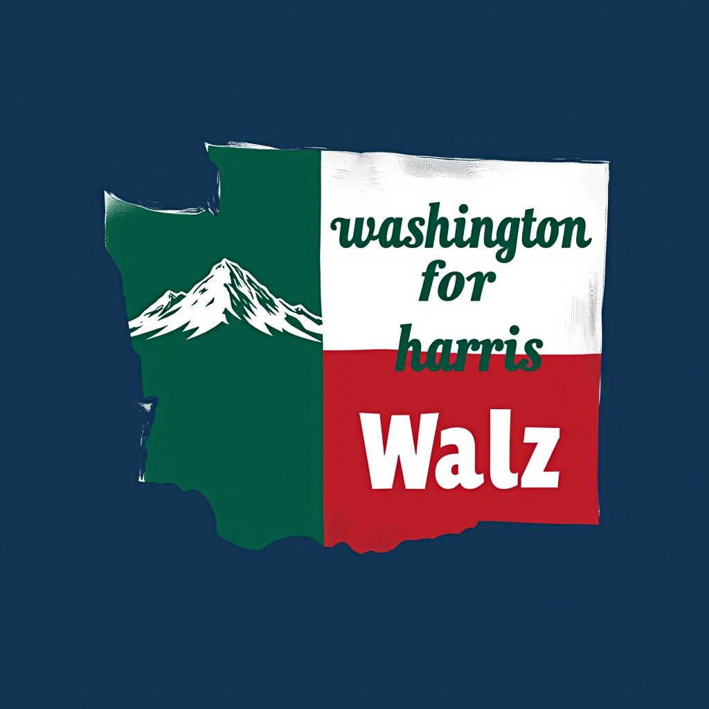  a tshirt design inspired by the washington state flag. the left side features a green vertical stripe with a large mountain in the center. the right side is divided into two horizontal sections: the top section is white with the text 'washington for' in bold, green, uppercase letters, and the bottom section is red with the text 'harris walz' in bold, white, uppercase letters. the overall layout is clean and straightforward, with a clear and patriotic color scheme of blue, white, and red.