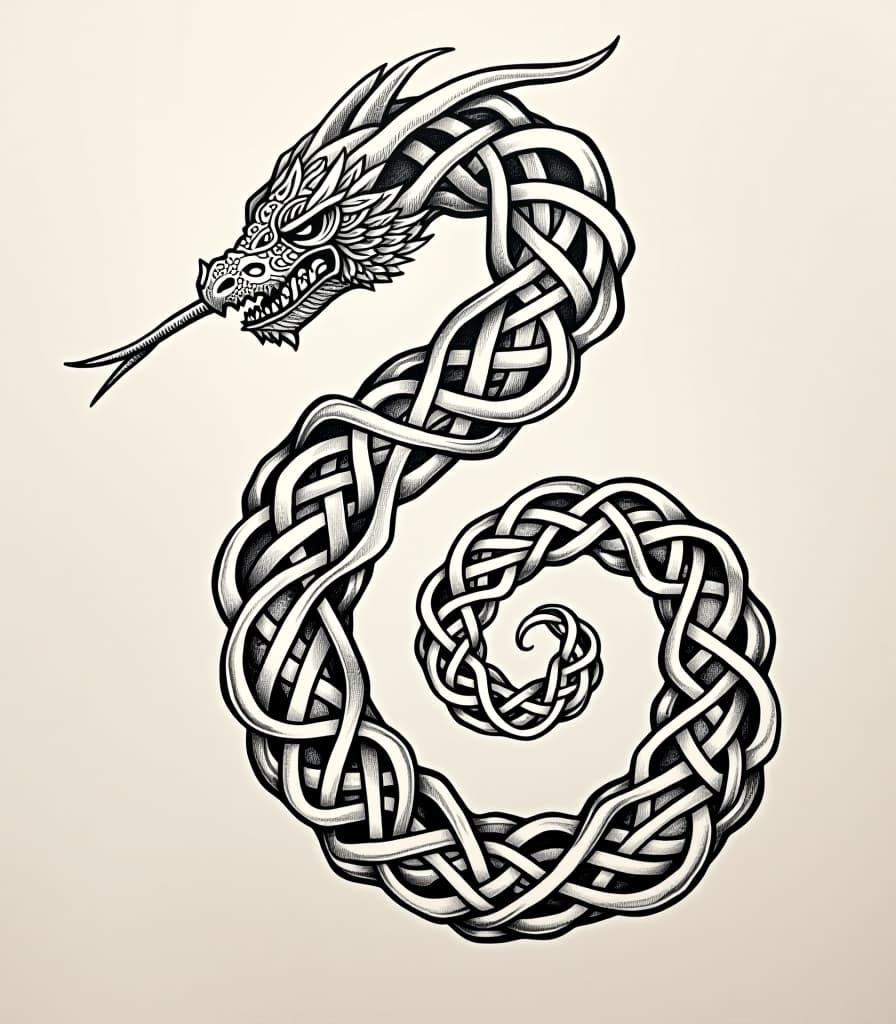  a hyper detailed, ink drawing of celtic knotwork tattoo art featuring intricate celtic and nordic knots in the shape of the jormungandr serpent, the midgard serpent from norse mythology. the design should incorporate norse ethnic motifs and ornaments, with the serpent's body formed by interconnected celtic knot patterns. the overall image should evoke a sense of tribal tattoo art, with bold lines, rich details, and a mastery of traditional celtic and nordic knotwork styles.