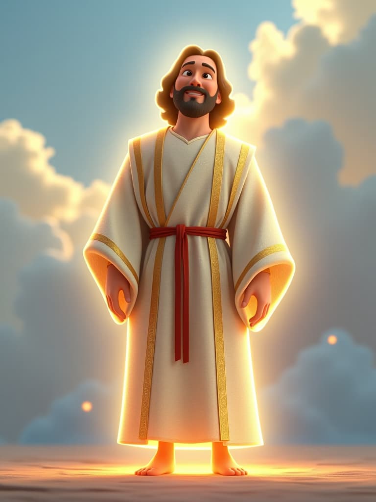  god creates the heavens and the earth. the earth is formless and empty, and darkness covers the deep waters.render a majestic and ethereal figure of god in a disney pixar 3d animation style. god is depicted as a tall, radiant being with a warm, gentle expression. his facial features are kind and wise, partially illuminated by a soft, glowing light. he wears a flowing, shimmering robe made of pure light, primarily white with golden accents that gently sparkle. the robe moves gracefully, as if caught in a gentle breeze. god’s presence is surrounded by a soft, glowing aura in shades of gold, white, and blue, adding to the divine atmosphere. he stands barefoot or in simple, glowing sandals on a softly glowing surface, with the sky above parti