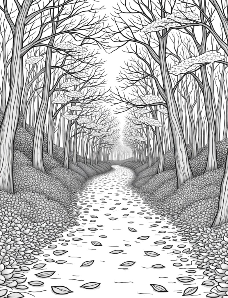  a woodland path covered in fallen leaves, black and white line art on a white background, for an adult coloring page.