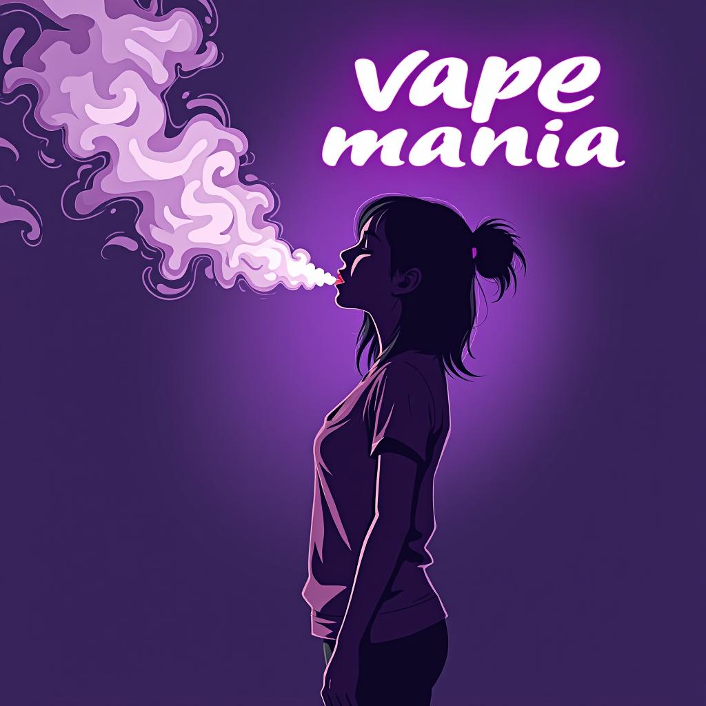  a girl is standing sideways, vaping; the vapor escapes from her mouth, creating a beautiful cloud with patterns in shades of purple around her. at the top of the image, the text reads vape mania.