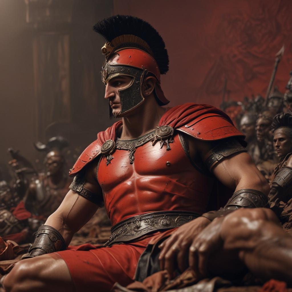 A heroic figure clad in Greek armor, symbolizing Achilles, lying motionless on the battlefield, surrounded by fallen soldiers, a poignant representation of a fallen legend, dramatic lighting to enhance the gravity of the scene, focusing on details of armor and weaponry"in the style of classical Greek pottery art, with intricate black figures on a red background, depicting mythological scenes with a focus on gods and heroes, using a limited color palette of red, black, and white"This image is a breathtaking painting that captures the magical scene with vivid detail. The overall composition is spellbinding, showcasing a perfect harmony. photorealism fantasy, unreal engine 5, concept hyperrealistic, full body, detailed clothing, highly detailed, cinematic lighting, stunningly beautiful, intricate, sharp focus, f/1. 8, 85mm, (centered image composition), (professionally color graded), ((bright soft diffused light)), volumetric fog, trending on instagram, trending on tumblr, HDR 4K, 8K