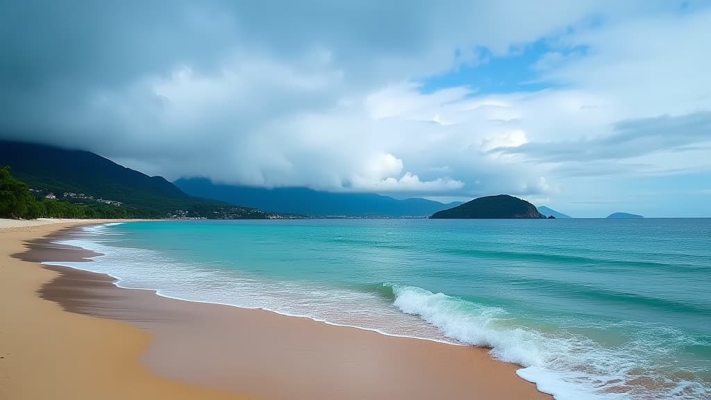  a scenic view of a vast ocean, sandy beach, distant island, lush mountains, and cloudy sky, ocean, beach, island