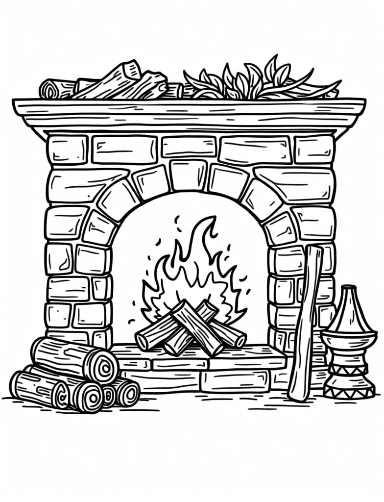  a cozy fireplace with a crackling fire and a stack of firewood, black and white line art on a white background, for an adult coloring page.