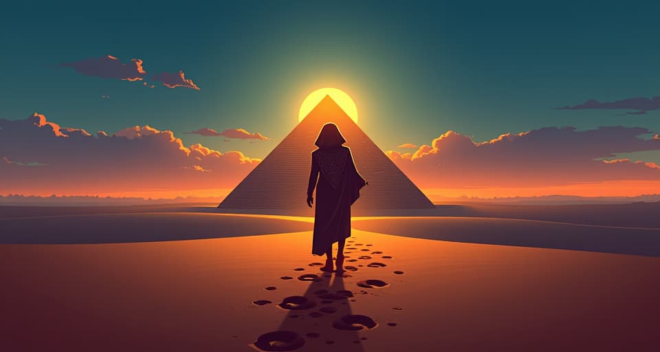  footprints in the sand, leading towards a distant, ancient pyramid, under a twilight sky, embodying purposeful journey. the style is digital art illustration / modern comic book / mysterious occult, symbolic, esoteric vibe,high detail on character design, incorporating ancient egyptian symbology and attire.