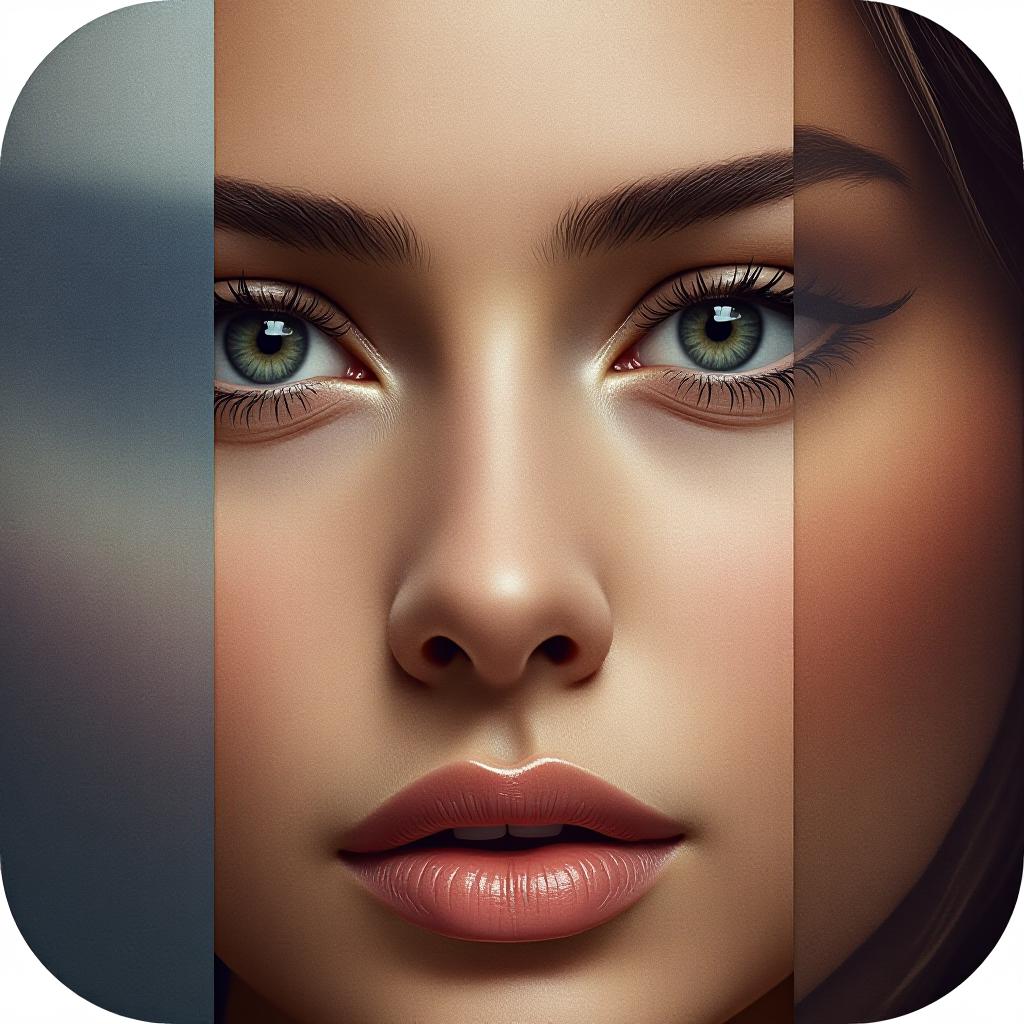  photo collage of the face, (ios app icon:1.2), ios style, (logo:1.15), hq, hightly detailed, 4k