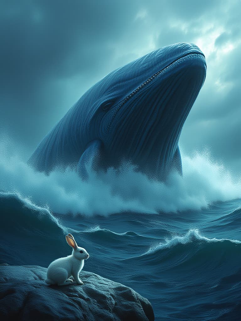  the sky suddenly became dark, cloudy and huge waves beat the boat. a little white rabbit gripped the side of the boat with a little fear in his eyes. as the blue whale suddenly appeared in the waves, the huge body blocked the most violent waves